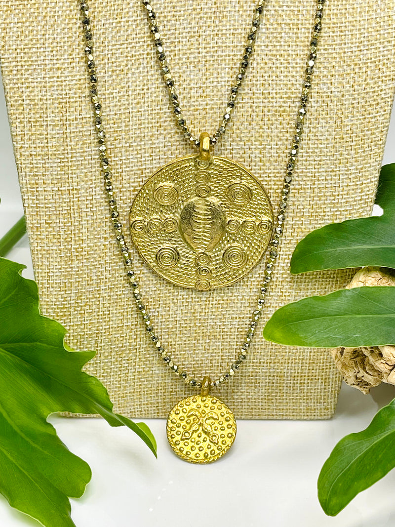 Pyrite and Brass Adinkra Necklace Set