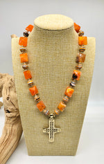 Orange Agate Ethiopian Cross Statement Necklace