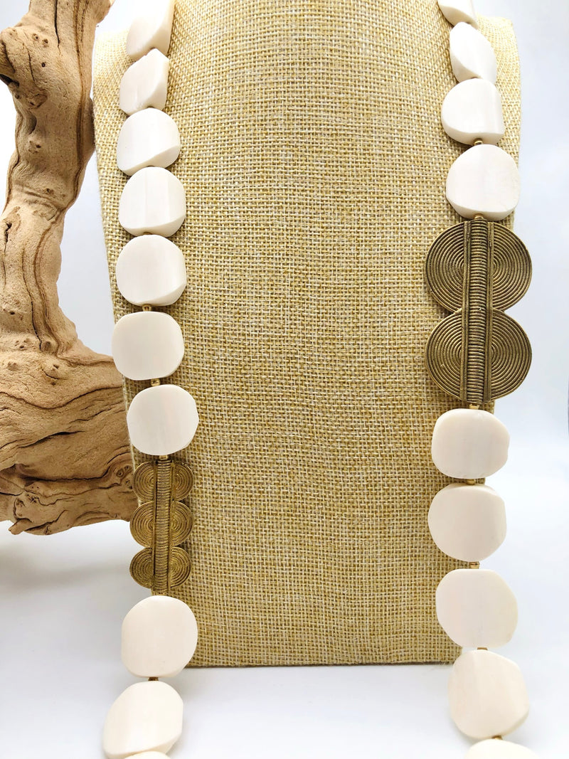 Long African Bone and Brass Statement Necklace